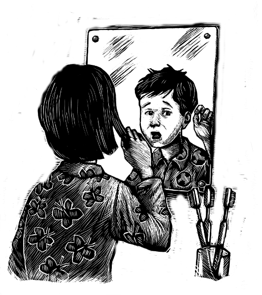 A girl looks into a mirror and sees a boy in the reflection
